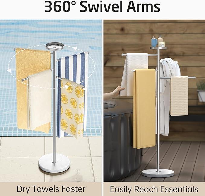 KES Hot Tub Towel Rack Outdoor with 1.5X Heavier Natural Marble Weighted Base, Pool Towel Rack with 360° Adjustable Arms & Storage Tray, 18/8 Stainless Steel, Brushed Steel, OTR203-2 - ModernBath
