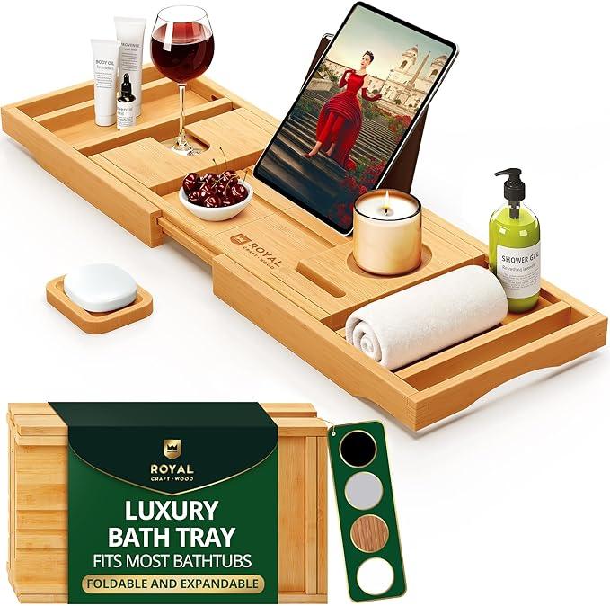 ROYAL CRAFT WOOD Bathtub Tray Caddy for Tub, Bamboo Bath Shelf, Premium Foldable Wood Bath Table, Expandable Bathtub & Bathroom Accessories, New Home Gifts for Mom, Housewarming, Anniversary, Wedding - ModernBath