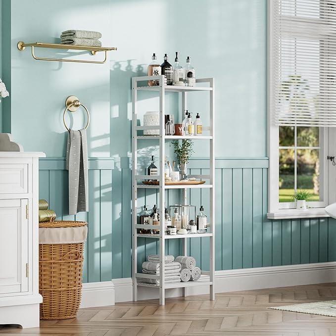HITNET 5 Tier Bamboo Shelf, Tall Narrow Bookcase, Freestanding Bathroom Storage Unit with Adjustable Shelves, Modern Display Standing Bookshelf for Living Room, Bedroom, Home Office, White - ModernBath