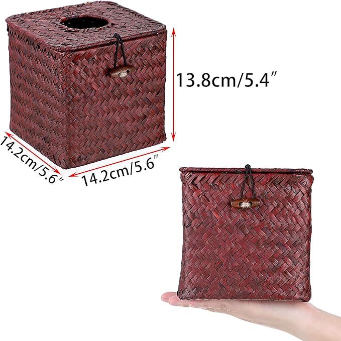 Sumnacon Tissue Box Cover Square Seagrass Tissue Box with Lid, Woven Tissue Box Holder Rustic Cube Tissue Cover for Bathroom Toilet Bedroom Living Room Kitchen Table Desk Office Car, Red Brown - ModernBath