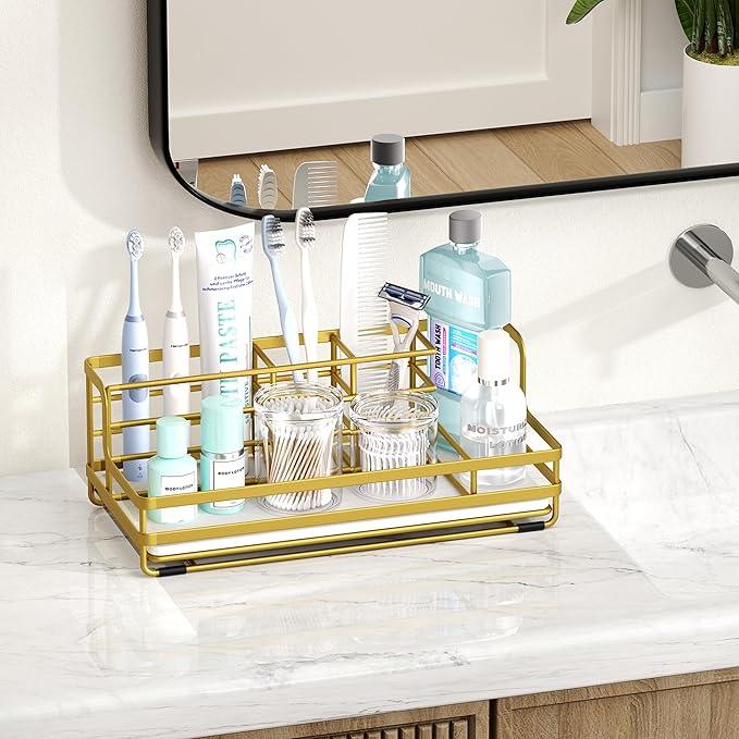 HapiRm Toothbrush Holders for Bathroom - 5 Partitions Bathroom Counter Organizer with Instant Drying Stone, Stainless Steel Countertop Storage Electric Toothbrush Toothpaste Holder - Gold - ModernBath