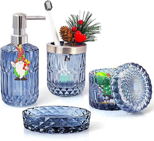 LaMarriti Blue Bathroom Accessories Set, 4Pcs Clear Glass Bathroom Accessories, Lotion Soap Dispenser Set, Toothbrush Holder, Qtips Holder, Soap Dish for Crystal Modern Bath Decor, Set - ModernBath