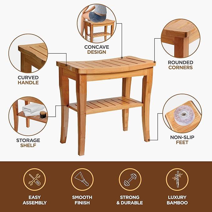 Bamboo Shower Bench - Small Wooden Shower Stool with Storage Shelf, Non-Slip Bathroom Seat, Spa Decor Bath Bench, Foot Rest Shaving Stool for Shower, Indoor Outdoor Use, Great Gift Idea (17" x 9 x 17) - ModernBath