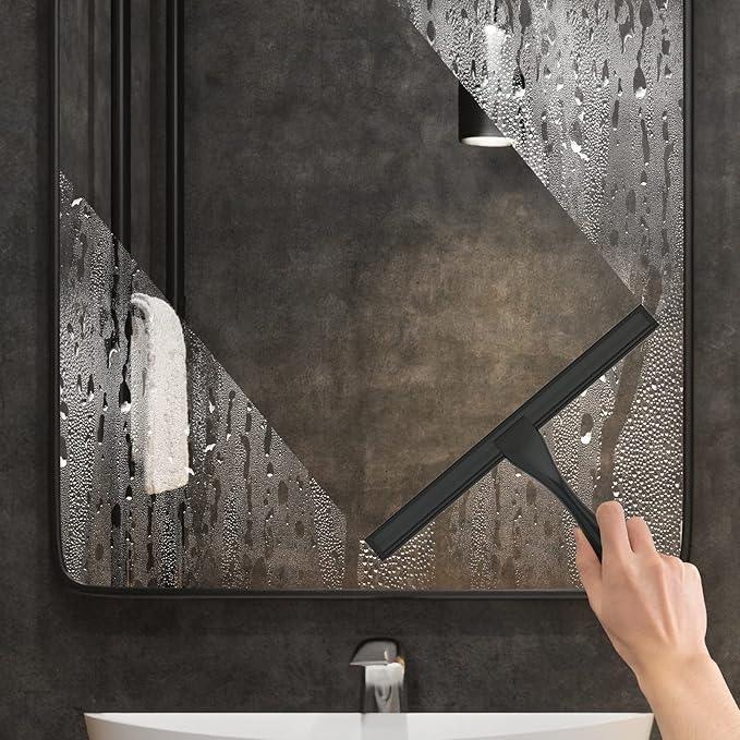 All-Purpose Stainless Steel Shower Squeegee for Shower Doors with 2 Adhesive Hooks, Bathroom Cleaner Tool Household Window Mirror Squeegee for Home Cleaning, Glass Door, Tile Wall, Car, 14 Inch Black - ModernBath
