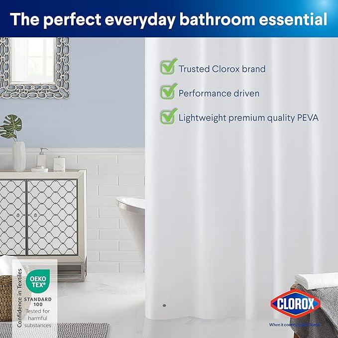 Clorox Shower Curtain Liner, Premium Lightweight Flexible Waterproof 4g PEVA for Bathroom with Weighted Magnets, Standard Size 70" x 72", White 1 Pack - ModernBath