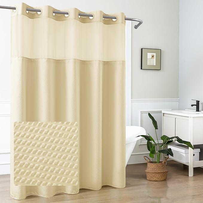 Mrs Awesome No Hook Shower Curtain with Snap-in Liner Less Time On/Off, Embossed Waffle-Look Textured Fabric Shower Curtain for Bathroom, Soft & Lightweight, 71x74, Beige - ModernBath