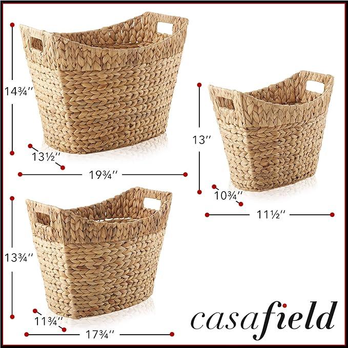 Casafield Set of 3 Stackable Oval Laundry Baskets with Handles - Natural, Woven Water Hyacinth Storage Totes for Throw Blankets, Bathroom, Bedroom, Living Room - ModernBath