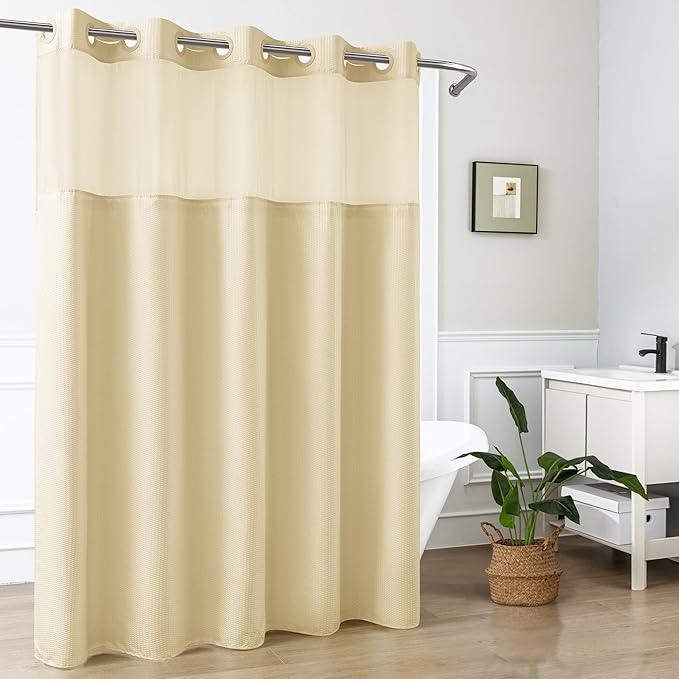 Mrs Awesome No Hook Shower Curtain with Snap-in Liner Less Time On/Off, Embossed Waffle-Look Textured Fabric Shower Curtain for Bathroom, Soft & Lightweight, 71x74, Beige - ModernBath