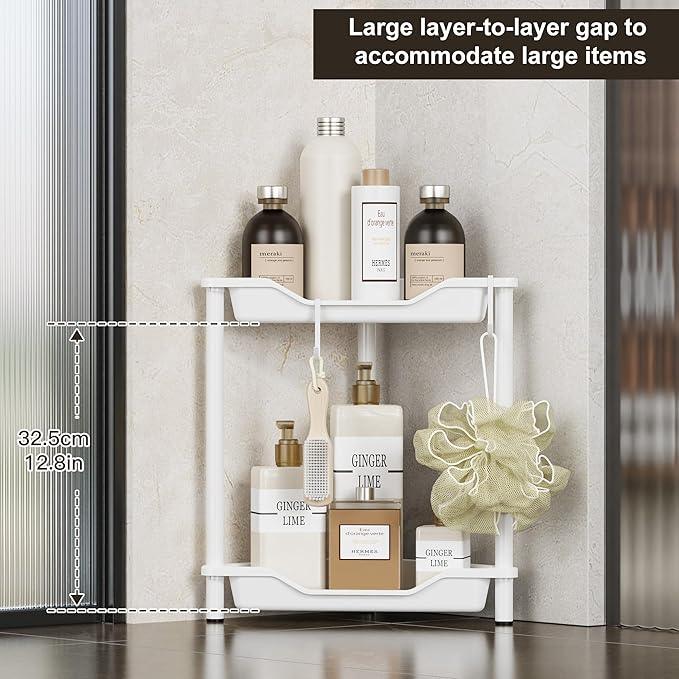 Orimade Rustproof 2 Tier Floor Standing Corner Shower Caddy Organizer, Plastic Metal Splicing Floor Corner Shelf Rack Stands for Bathroom, White - ModernBath