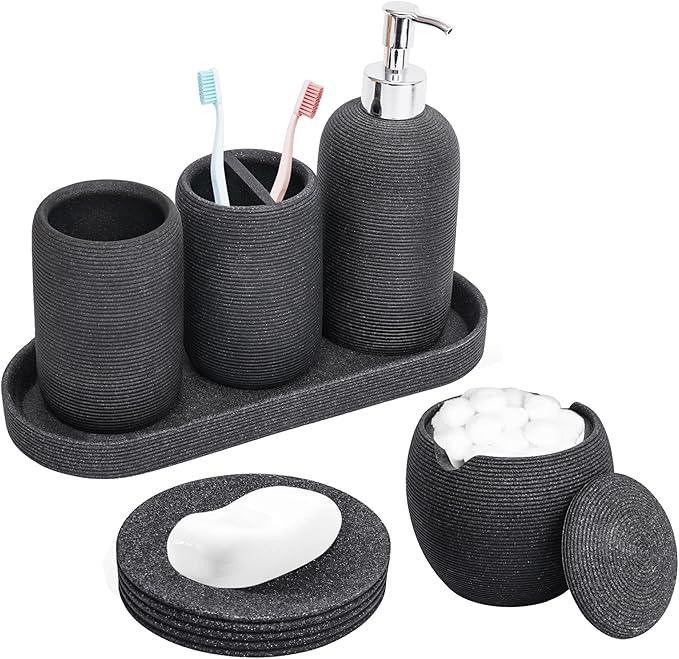 Resin Bathroom Accessory Set - 6PCS Bathroom Accessories Set, Bath Vanity Countertop Accessories with Soap Dish, Lotion Dispenser, Toothbrush Holder, Toothbrush Cup, Vantiy Tray, Qtip Holder (Black) - ModernBath