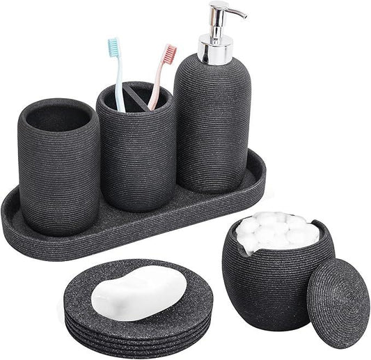 Resin Bathroom Accessory Set - 6PCS Bathroom Accessories Set, Bath Vanity Countertop Accessories with Soap Dish, Lotion Dispenser, Toothbrush Holder, Toothbrush Cup, Vantiy Tray, Qtip Holder (Black) - ModernBath