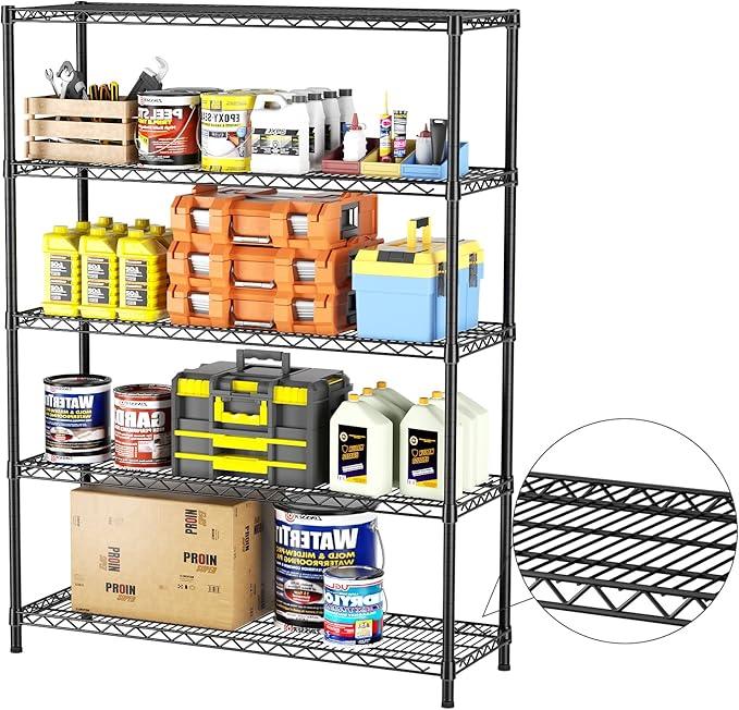 SINGAYE 5 Adjustable Heavy Duty Garage Shelving Wire Shelves Metal Standing Units Bathroom Organizers and Storage Shelf Closet Metal Pantry Kitchen 18" DX46 WX77 H Black - ModernBath