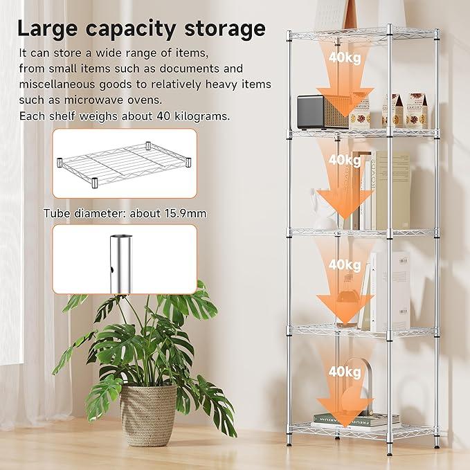 IZEUK 5 Tier Metal Wire Shelf Unit, Chrome Storage Rack Organizer for Kitchen, Bedroom, Living Room or Laundry Room, 17.7" W x 11.8" D x 55.0" H - ModernBath