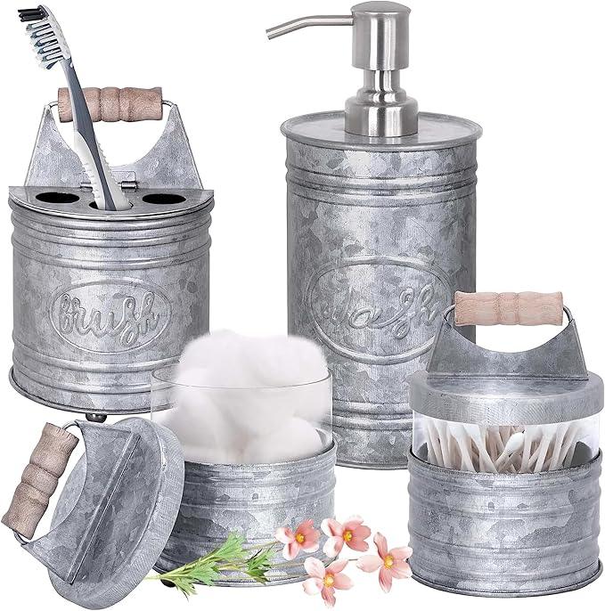 Autumn Alley Rustic Bathroom Accessories Set 4 - Galvanized Soap Dispenser, Rustic Toothbrush Holder, 2 Apothecary Jars Qtip Holder - Western Bathroom Decor – Farmhouse Bathroom Decor Accessories - ModernBath