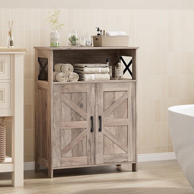 Homhedy Farmhouse Bathroom Storage Cabinet with 2 Doors, Toilet Paper Cabinet with Adjustable Shelves, Small Bathroom Cabinet for Kitchen/Laundry/Living Room, 11.8 x 23.6 x 31.5 Inches, Greige - ModernBath