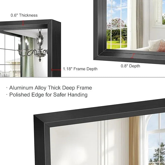 CIVENO Large Bathroom Mirror, 60 x 36 Inch Rectangular Wall Mirror 0.6" Thickened Deep Frame, Brushed Black Mirrors for Bathroom Sink, Shatterproof Tempered Glass, Antirust, Horizontally or Vertically - ModernBath