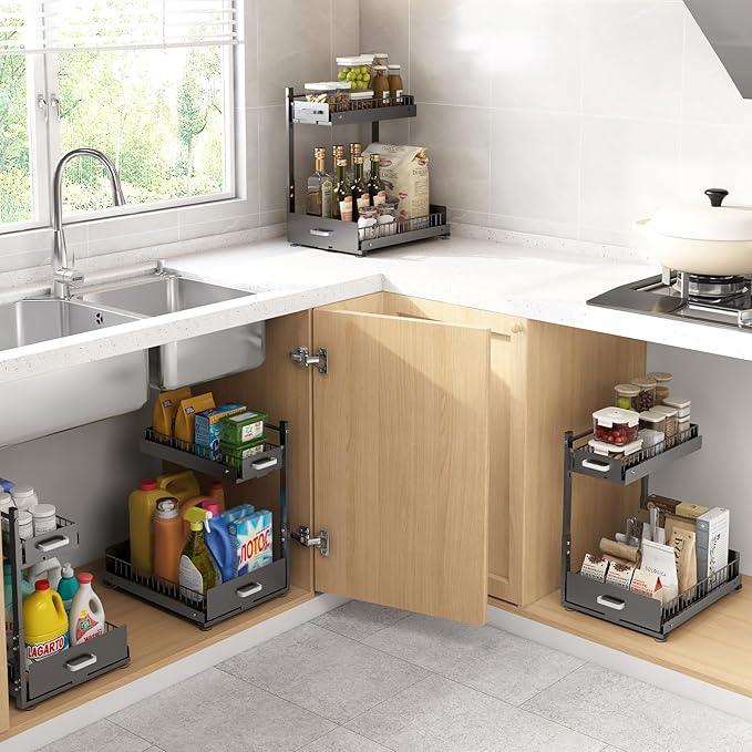 Under Sink Organizer,2 Tier Slide Out Kitchen Cabinet Organizers with Pulley,Under Bathroom Sink Pull Out Organizer with Multiple Height Adjustments for Kitchen and Bathroom Cabinets-Gray - ModernBath