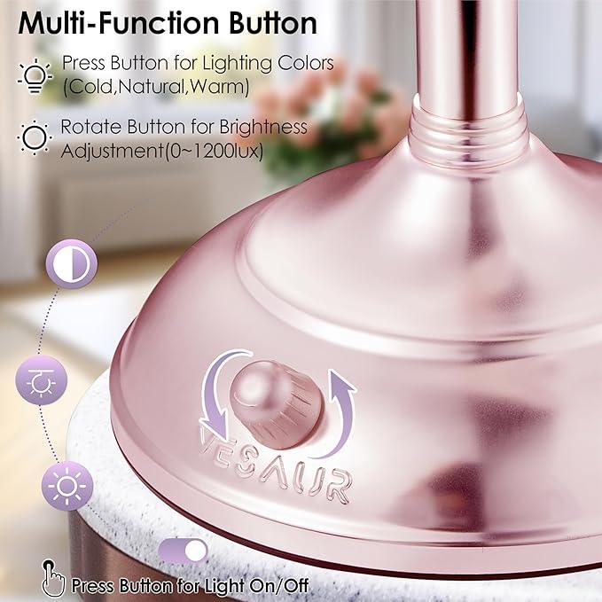 VESAUR Lighted Makeup Mirror Rose Gold Nickel, Double Sided 1X/10X HD Undistorted Magnifying Mirror, 8.5" Vanity Mirror with 3 Colors Dimmable 90 Bright LEDs, 360°Swivel Two Power Supply, Luxury Gifts - ModernBath