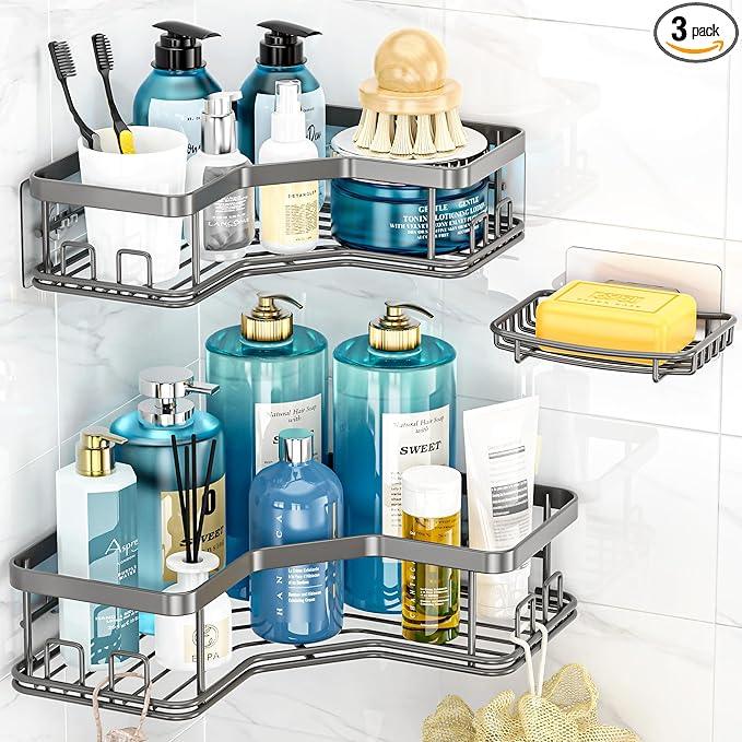 MAXIFFE 3 Pack Corner Shower Caddy with Soap Holder, Large Capacity Sturdy Easy Install No Drilling Stainless Steel Hold 40 LBS Shower Organizer Shelves Rack Storage for Family Renters Bathroom, Grey - ModernBath