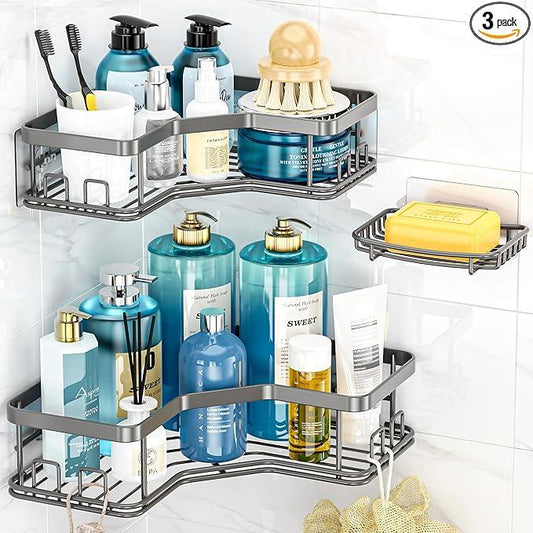 MAXIFFE 3 Pack Corner Shower Caddy with Soap Holder, Large Capacity Sturdy Easy Install No Drilling Stainless Steel Hold 40 LBS Shower Organizer Shelves Rack Storage for Family Renters Bathroom, Grey - ModernBath
