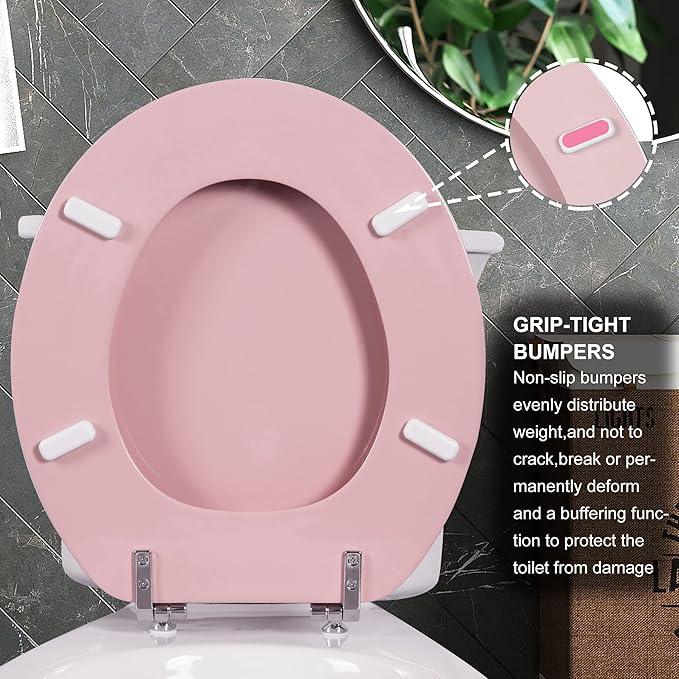 Pink Round Toilet Seat Natural Wood Toilet Seat with Zinc Alloy Hinges, Easy to Install also Easy to Clean, Scratch Resistant Toilet Seat by Angol Shiold (Round, Pink) - ModernBath