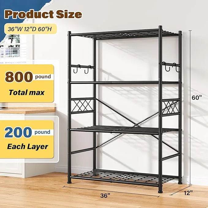 Storage Shelves 4-Tier Large Capacity Metal Shelving with Hooks, Heavy Duty Garage Shelving Unit with Leveling Feet, Stable Metal Shelves for Pantry, Kitchen and Closet,36" W x 12" D x 60" H, Black - ModernBath