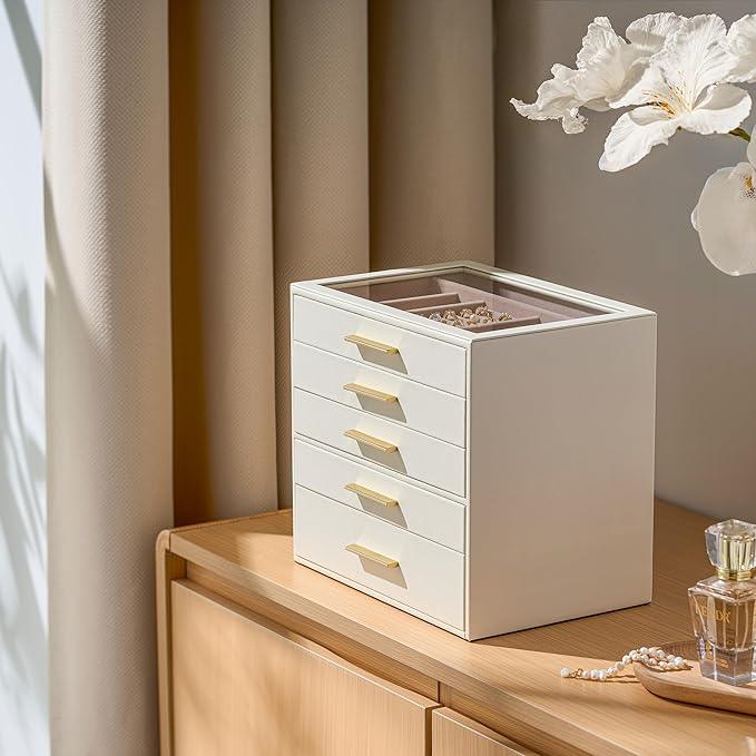 pickpiff Jewelry Box Organizer Case for Women: 5-Layer Jewelry Storage Case with Glass Window, Ivory Leather with Pink Velvet, Holder for Ring Necklace Bracelet Brooch Watch, Great Gift for Her - ModernBath