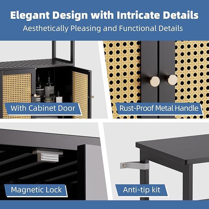 HITNET Bamboo Floor Cabinet, Bathroom Storage Cabinet with 2 Rattan Doors and Shelves, Space Saving Freestanding Kitchen Cupboard, Black - ModernBath