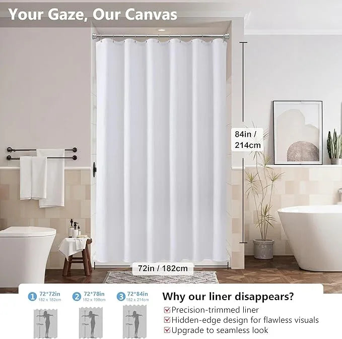 VANZAVANZU Luxury 3 in 1 Shower Curtain Set 3D Textured Waffle Weave Bathroom Curtain with Waterproof SGS Certified Fabric Liner & 12 Anti-Fall Stainless Steel Hooks, Machine Washable 72"x84" (White) - ModernBath