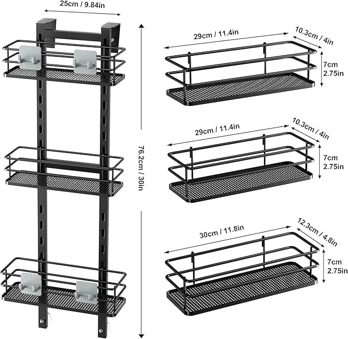 Orimade Adjustable Hanging Over the Shower Door Caddy with Hooks, Bathroom Organizer Shelf Storage Rack,No Drilling Rustproof Basket for Inside Shower, Matt Black 3 Tier - ModernBath