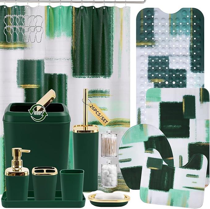 XLHOMO Bathroom Accessories Set - 26PCS Dark Green Bathroom Set, Bathroom Accessory Set with Shower Curtain and Rugs and Bathtub Mats for Home - ModernBath