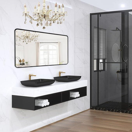Minuover Wall Mount Mirror for Bathroom, Brushed Black Metal Framed Large Rounded Corner Rectangular Vanity Mirror, Tempered Glass (30" x 55", Black) - ModernBath