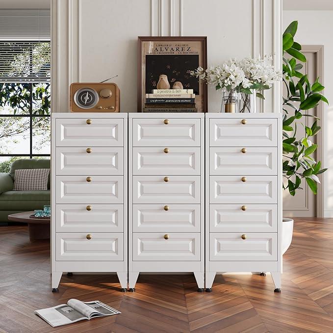 5 Drawer Dresser for Bedroom, Metal Storage Cabinet with Drawers and Leg, Vintage-Style Metal Storage Chest for Bathroom, Living Room, Required Assembly, White - ModernBath