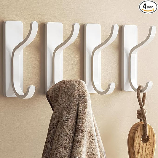 pickpiff Adhesive Wall Coat Hooks - Heavy Duty Stick-On Door Hanger, Metal Hook for Hanging Towel,Purse, Robe, Backpack, Jacket, Clothes - for Bathroom,Dorm, Closet, Kitchen - White, 4 Pack