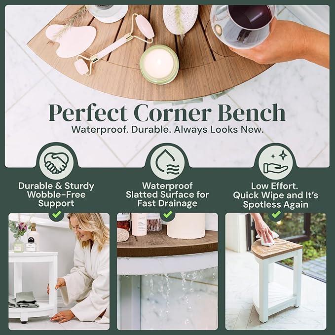 ROHKEX Waterproof Corner Shower Stool - Pack of 1, White & Brown - Stable Shaving Stool for Legs - Easy Assembly Plastic Shower Bench Seat - Non-Slip Feet, Gifts Idea for Home, Corner Bench Seat - ModernBath