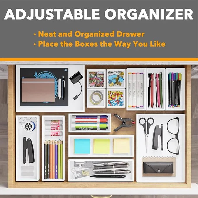 SpaceAid 14-Piece Bamboo Drawer Organizer Storage Boxes Set, Wood Tray Junk Drawer Organizers Multi-Use Divider Bins for Kitchen, Bathroom, Office Desk and Makeup Organization (14 Pack, White) - ModernBath