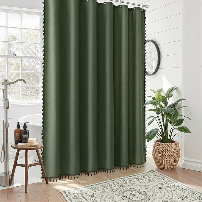 Nanspring Extra Long Olive Green Boho Linen Shower Curtain 84 Inches Long Textured Tassel Shower Curtain Set with Hooks Large Modern Farmhouse Decorative Cloth Shower Curtain for Bathroom 72x84 - ModernBath