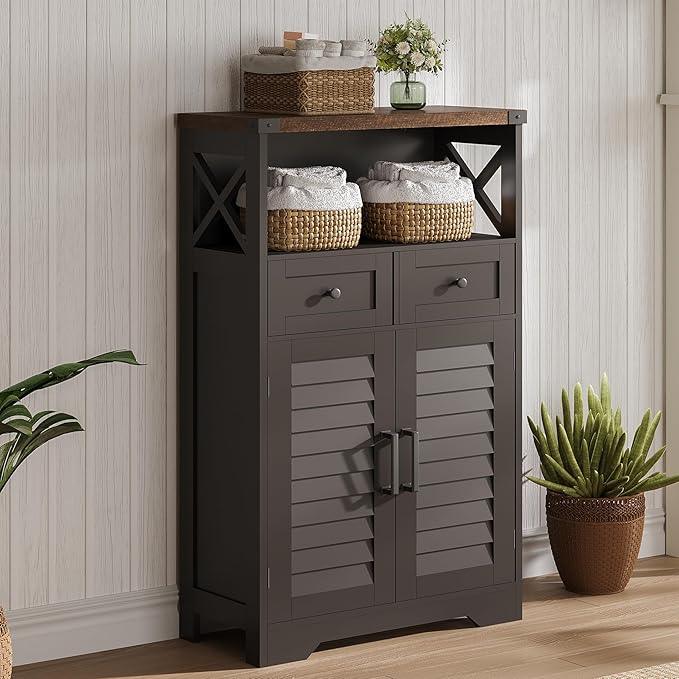ChooChoo Farmhouse Storage Cabinet, Bathroom Floor Cabinet with Doors and Drawers, Kitchen Pantry Cabinet for Living Room, Laundry, Black - ModernBath