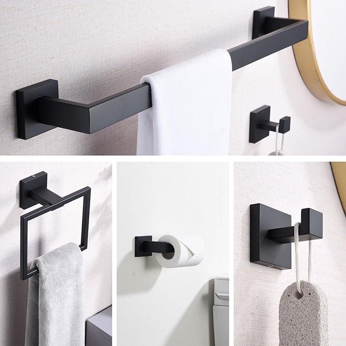 Bathroom Hardware Set Matte Black,16-inch Towel Rack 304 Stainless Steel 5-Piece Bathroom Accessories Kit Wall Mounted Include Towel Ring,Toilet Paper Holder,Robe Hook - ModernBath