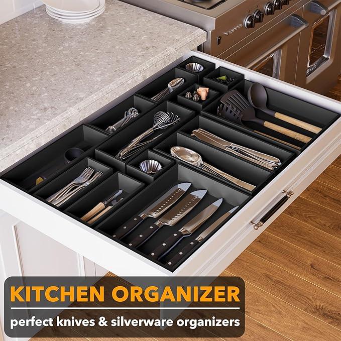 SpaceAid 14-Piece Bamboo Drawer Organizer Storage Boxes Set, Wood Tray Junk Drawer Organizers Multi-Use Divider Bins for Kitchen, Bathroom, Office Desk and Makeup Organization (14 Pack, Black) - ModernBath