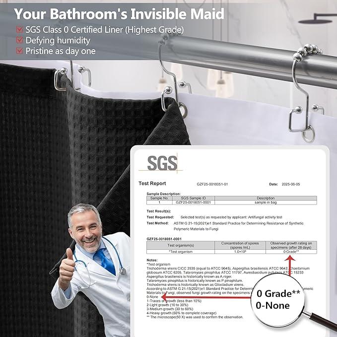 VANZAVANZU Luxury 3 in 1 Shower Curtain Set 3D Textured Waffle Weave Bathroom Curtain with Waterproof SGS Certified Fabric Liner & 12 Anti-Fall Stainless Steel Hooks, Machine Washable 72"x78" (Black) - ModernBath