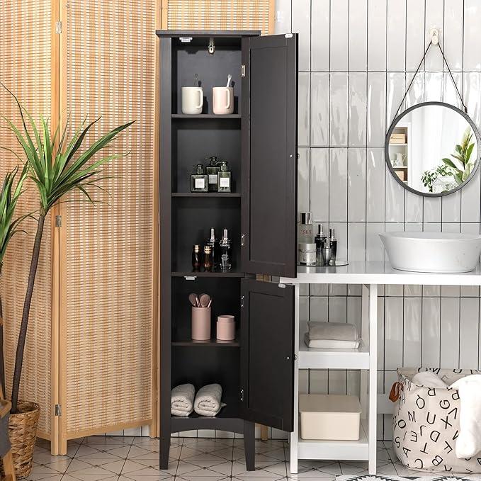 Tangkula Tall Bathroom Storage Cabinet, 5-Tier Wooden Freestanding Tower Cabinet, Narrow Storage Floor Cabinet w/ 2 Doors & Shelves for Bathroom Living Room Kitchen (Black) - ModernBath