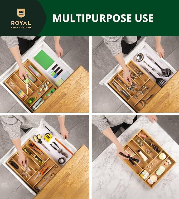 ROYAL CRAFT WOOD Luxury Bamboo Utensil Rack and Silverware Organizer, Kitchen Drawer Organizer - Utensil Holder and Cutlery Tray with Grooved Drawer Dividers for Flatware 7 Slot, Natural - ModernBath