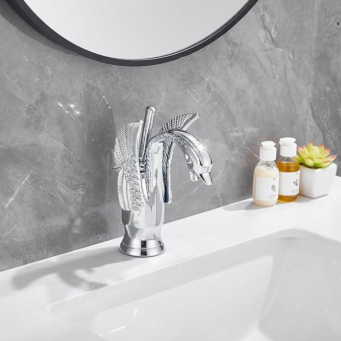 GGStudy Chrome Bathroom Faucet Swan Shape Single Handle One Hole Bathroom Vanity Faucet Basin Tap Deck Mount Lavatory - ModernBath