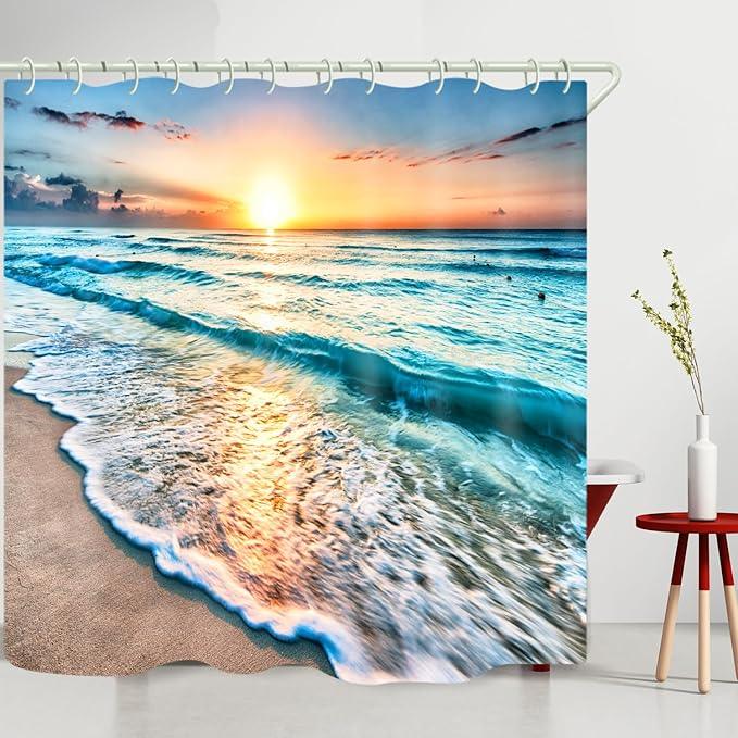 LYFANS Bathroom Uses Beach Sunset 3D Shower Curtain, Luxurious Bathtub Standard Shower Curtains, Waterproof and Bright Fabric Shower Curtains, Size (72x79 inches) - ModernBath
