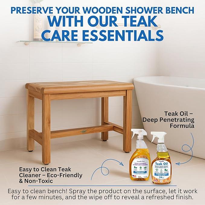 EcoDecors Eleganto 24 Inch Natural Color Waterproof Teak Wood Shower Bench Stool Seat Chair For Inside Shower Provides Safety, Storage, and Organization For Bathroom Accessories - ModernBath