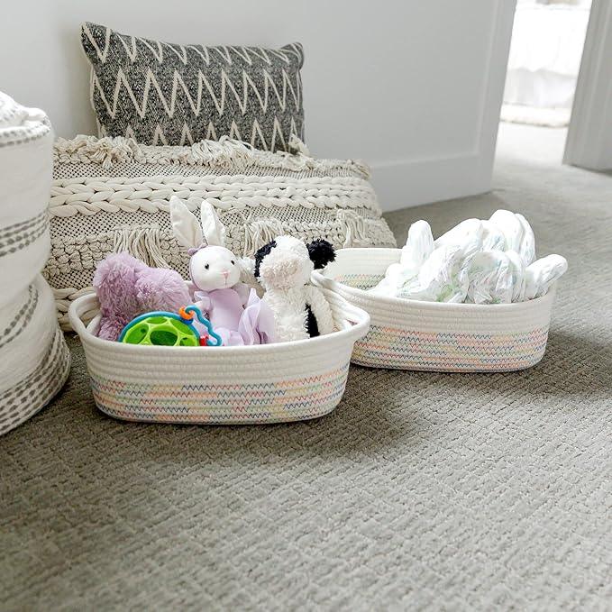 NaturalCozy 5-Piece Rectangle Storage Basket Set- Natural Cotton Rope Woven Baskets for Organizing! Small Basket for Montessori, Baby Nursery, Dog Toy Baskets, Cat Toy Box, Bathroom Organization Bin - ModernBath