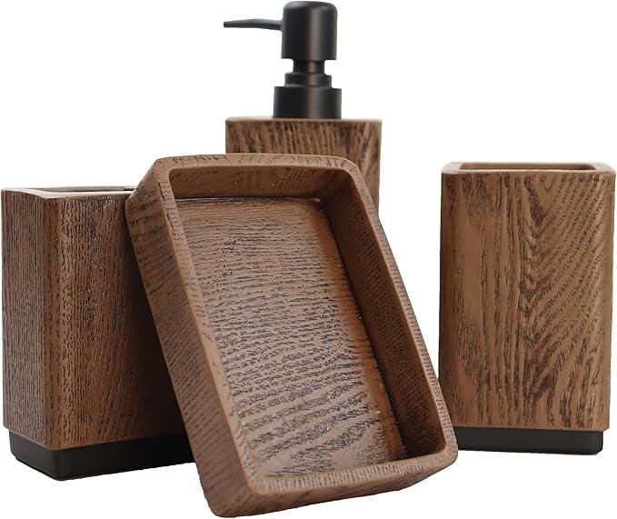 Hymmah Wood Grain Design Bathroom Accessories Set,Farmhouse Bathroom Decor,4 Pcs Resin Gift Set Apartment Necessities, Contain Cotton Swab Jar,Soap Dispenser,Tumbler，Soap Dish/Tray - ModernBath