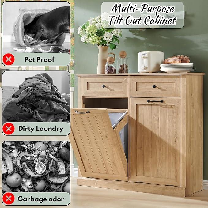 Double Tilt Out Laundry Hamper Cabinet, 20 Gallon Farmhouse Trash Can Cabinet with Drawer, Hidden Wood Garbage Can Bin Cabinets with Laundry Storage Basket for Bathroom, Kitchen (Natural) - ModernBath