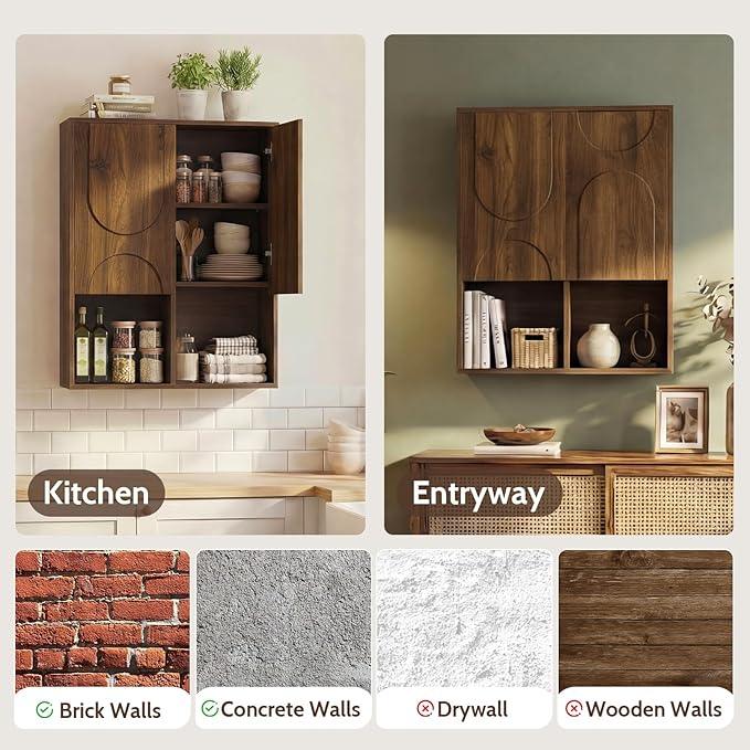 Bathroom Wall Cabinet, 24x30 Inch Small Over The Toilet Storage Cabinet, Walnut Space Saver Hanging Wall Mounted Medicine Cabinet Organizer with 2 Doors, Open Adjustable Shelf for Laundry Room Kitchen - ModernBath